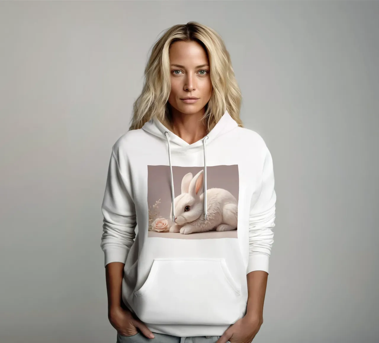 Conejo blanco descansando entre suaves flores rosas sudadera con capucha de DesignDoodle