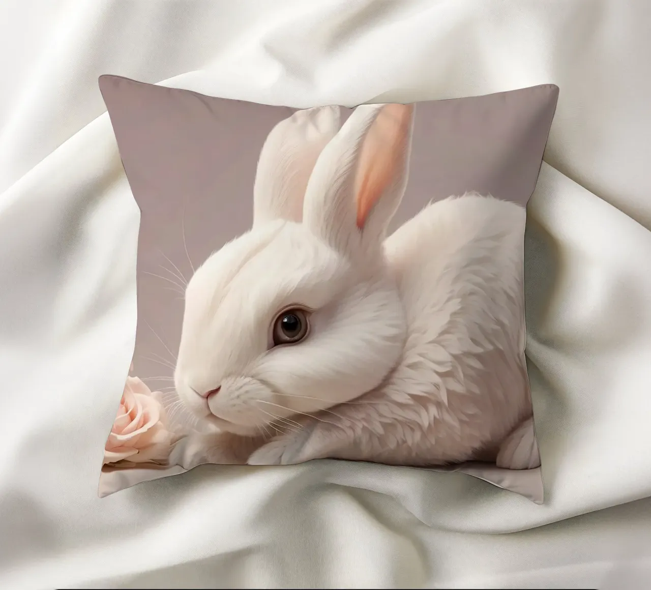 White rabbit resting among soft pink flowers decorative cushion by DesignDoodle