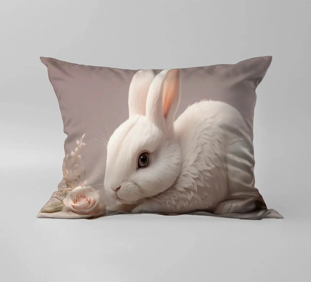 White rabbit resting among soft pink flowers decorative cushion by DesignDoodle