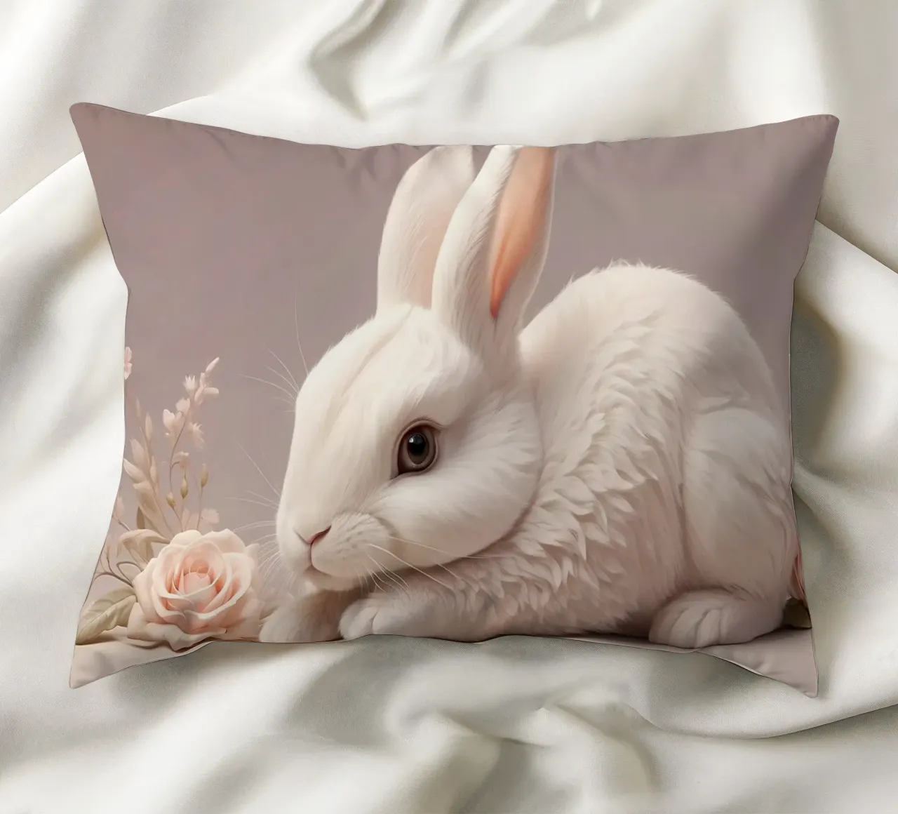 White rabbit resting among soft pink flowers decorative cushion by DesignDoodle