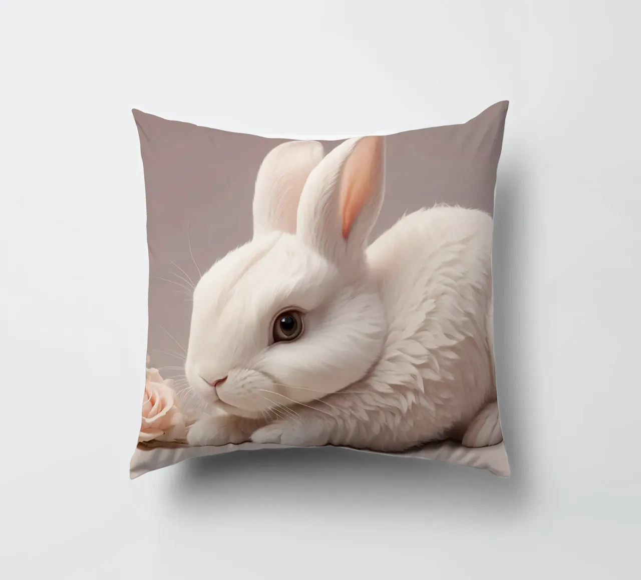 White rabbit resting among soft pink flowers decorative cushion by DesignDoodle