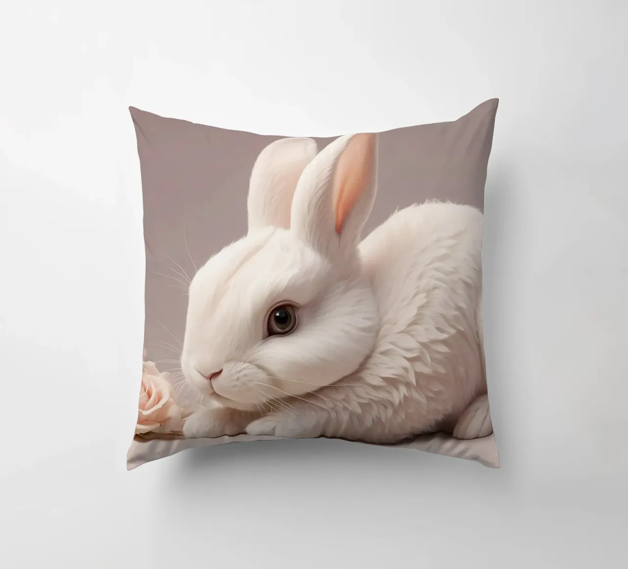 White rabbit resting among soft pink flowers decorative cushion by DesignDoodle