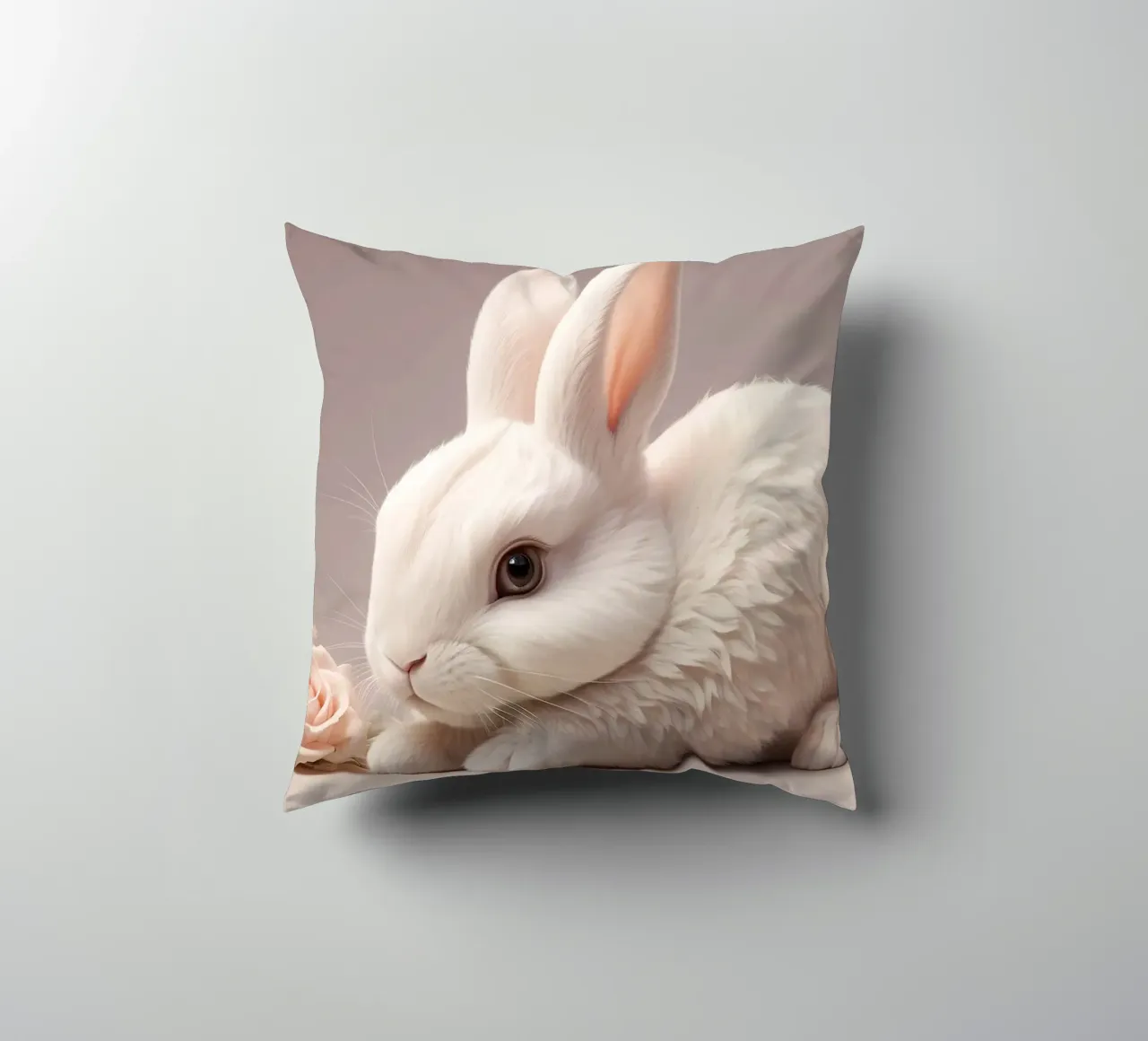 White rabbit resting among soft pink flowers decorative cushion by DesignDoodle