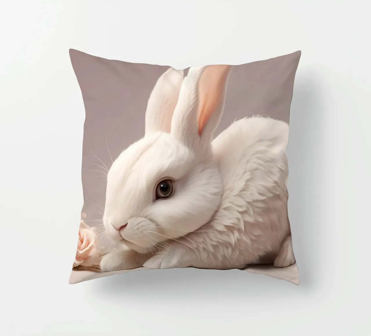 White rabbit resting among soft pink flowers decorative cushion by DesignDoodle