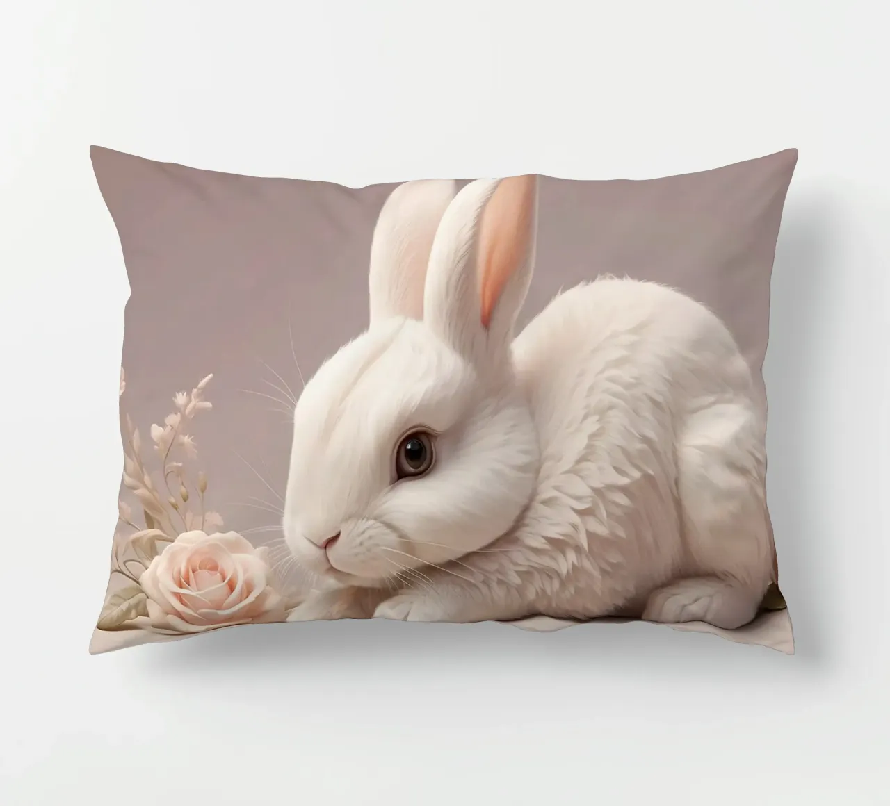 White rabbit resting among soft pink flowers decorative cushion by DesignDoodle