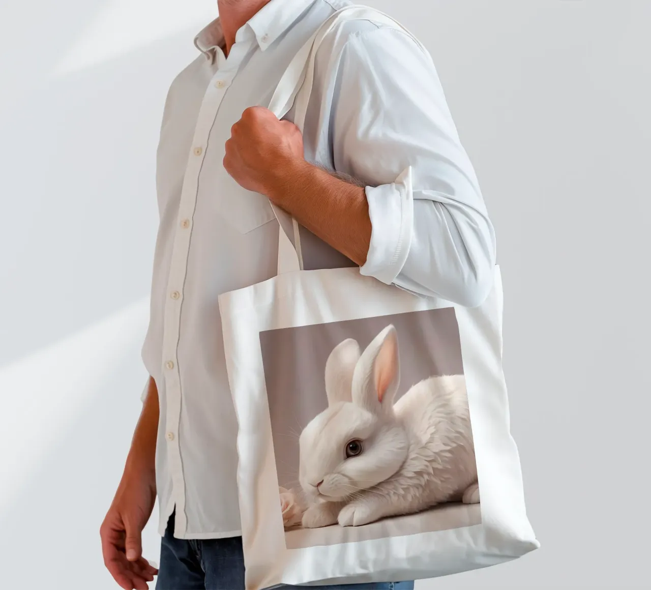 Coniglio bianco che riposa tra morbidi fiori rosa borsa in juta da DesignDoodle