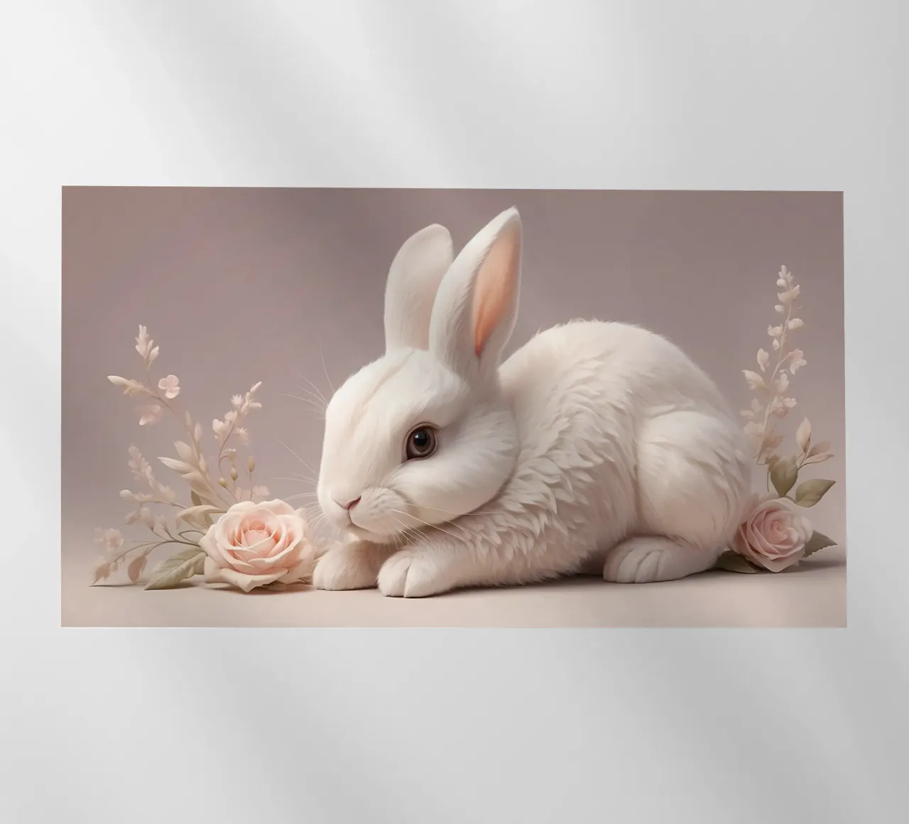Conejo blanco descansando entre suaves flores rosas lámina retroiluminada de DesignDoodle