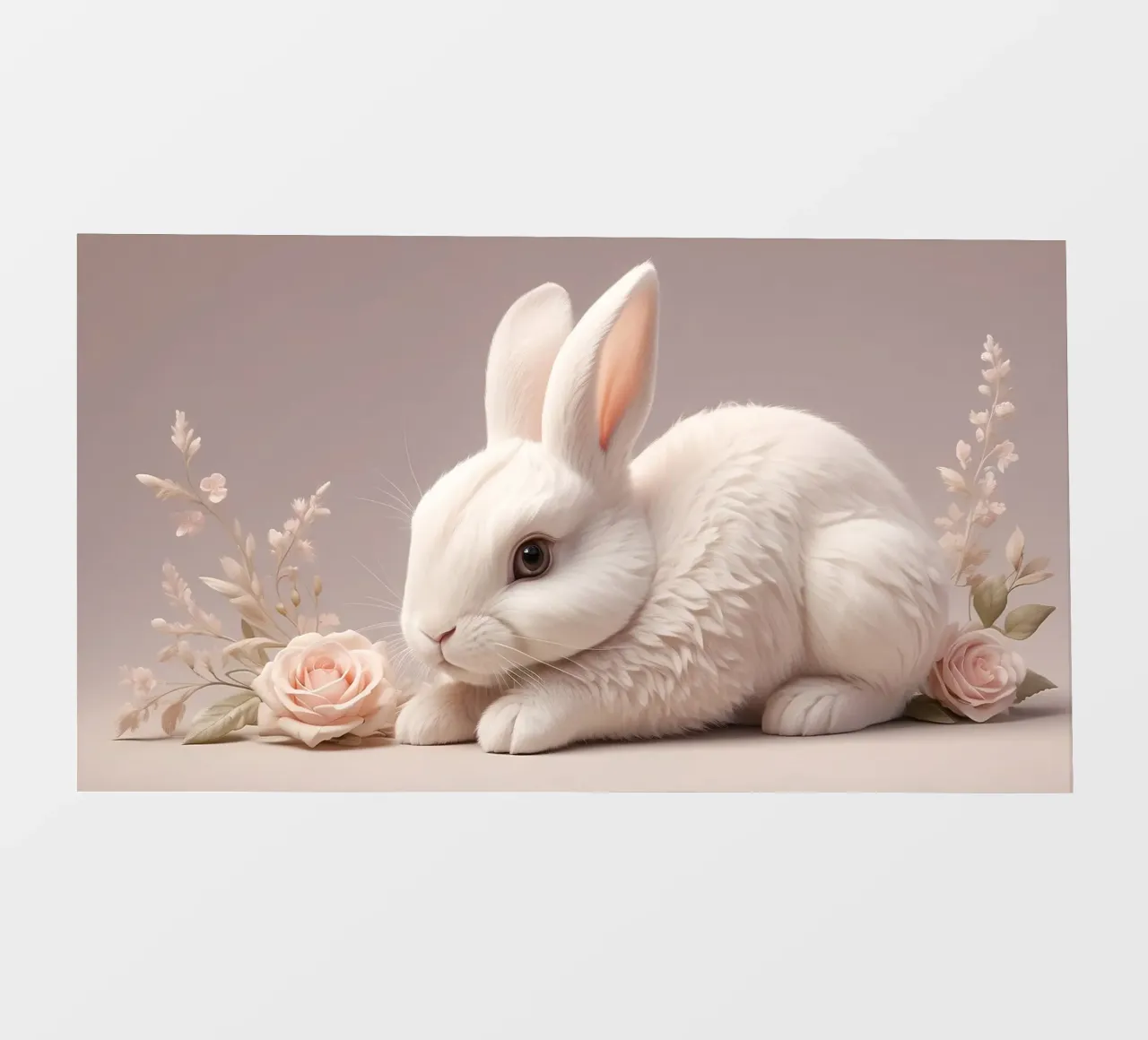 Conejo blanco descansando entre suaves flores rosas lámina retroiluminada de DesignDoodle