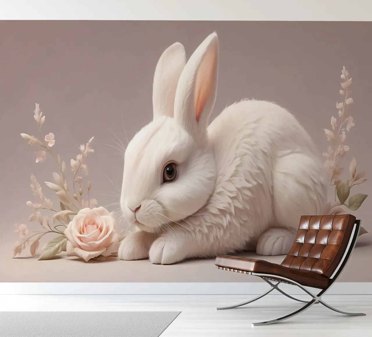 White rabbit resting among soft pink flowers photo wallpaper by DesignDoodle