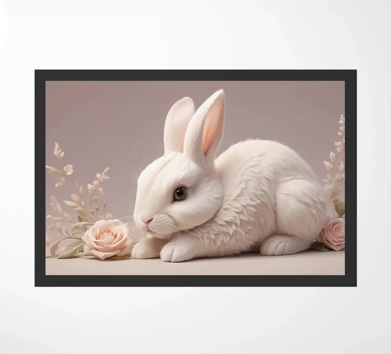 Conejo blanco descansando entre suaves flores rosas felpudo de DesignDoodle