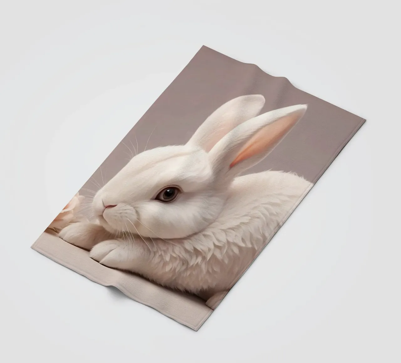 White rabbit resting among soft pink flowers fleece blanket by DesignDoodle