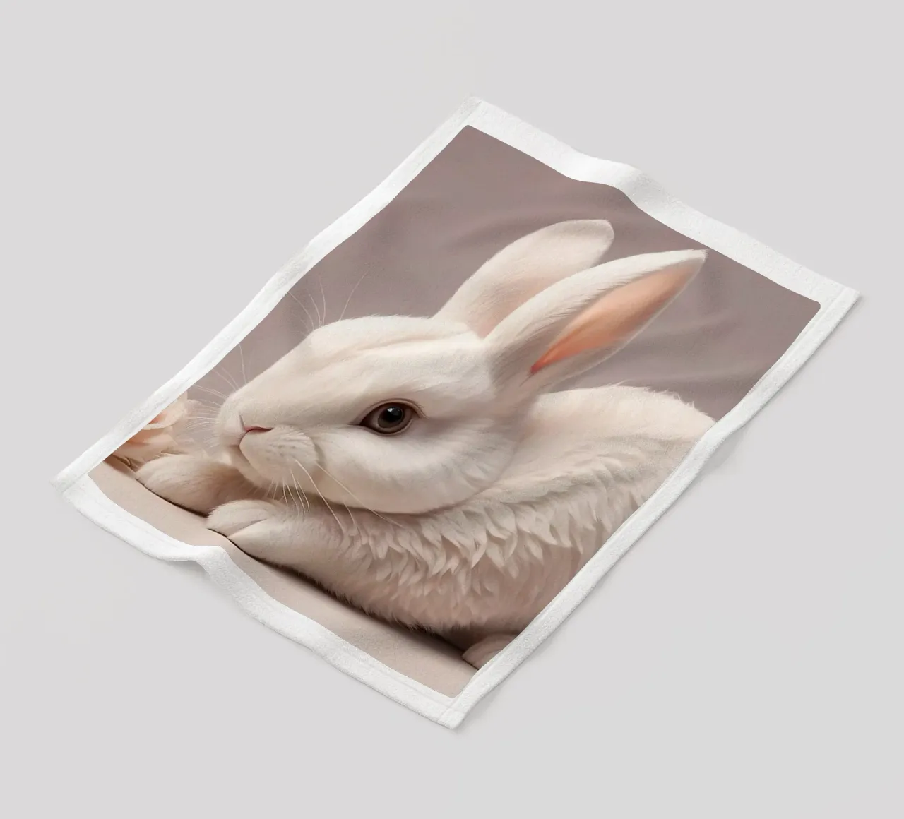 White rabbit resting among soft pink flowers fleece blanket by DesignDoodle