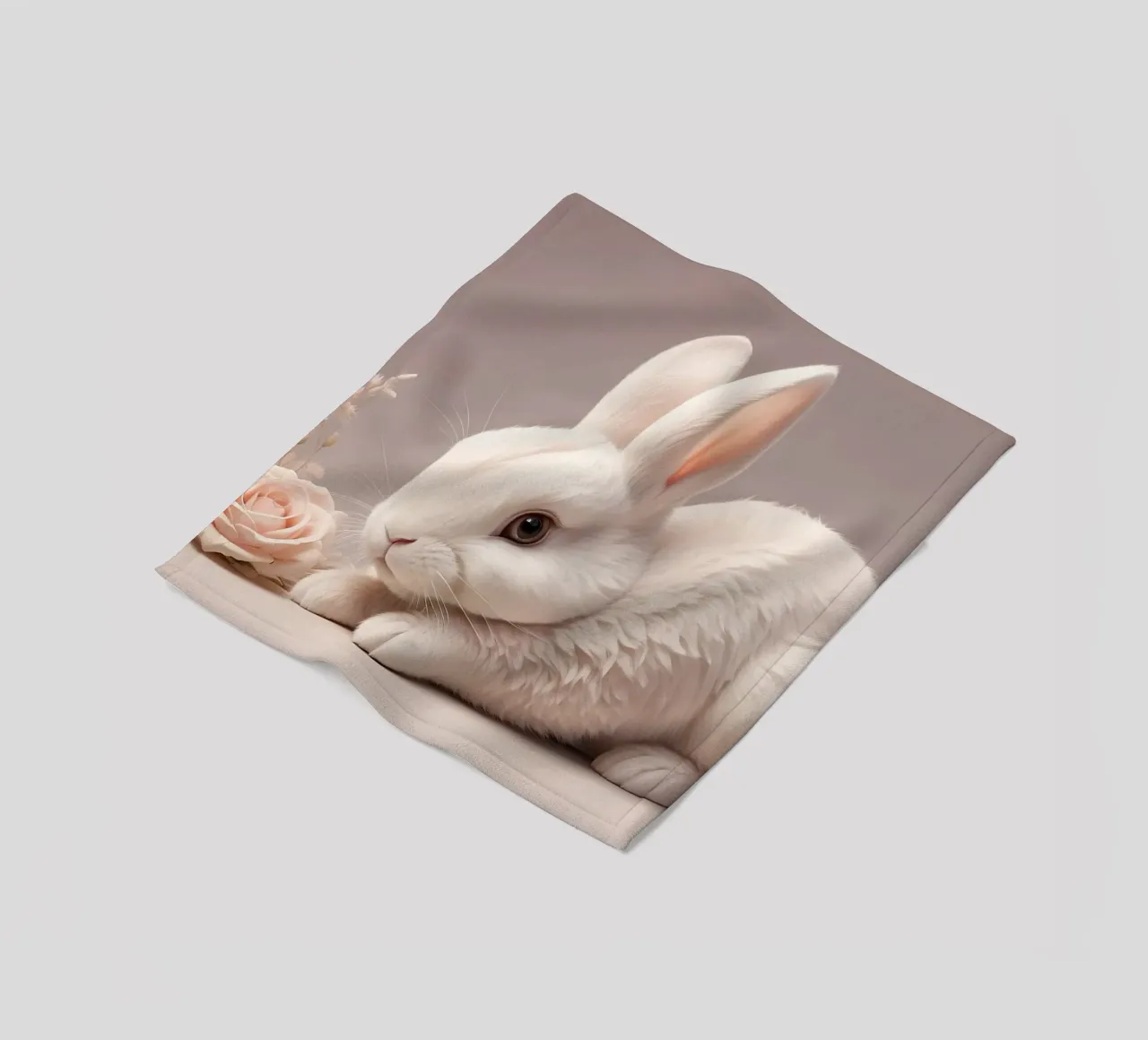 White rabbit resting among soft pink flowers fleece blanket by DesignDoodle