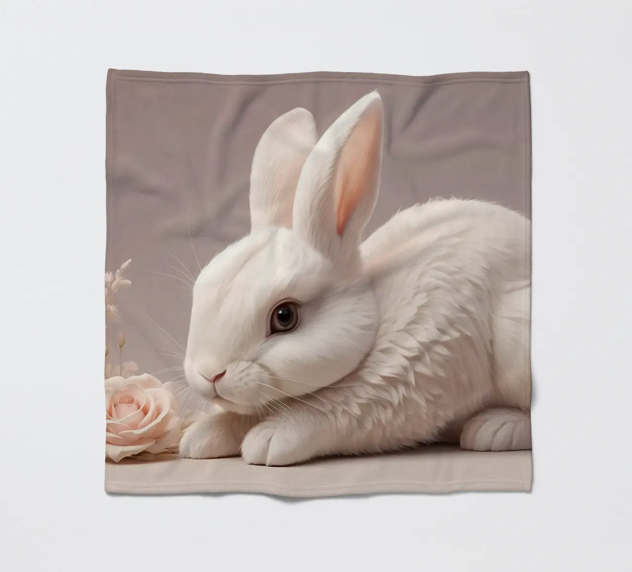 White rabbit resting among soft pink flowers fleece blanket by DesignDoodle