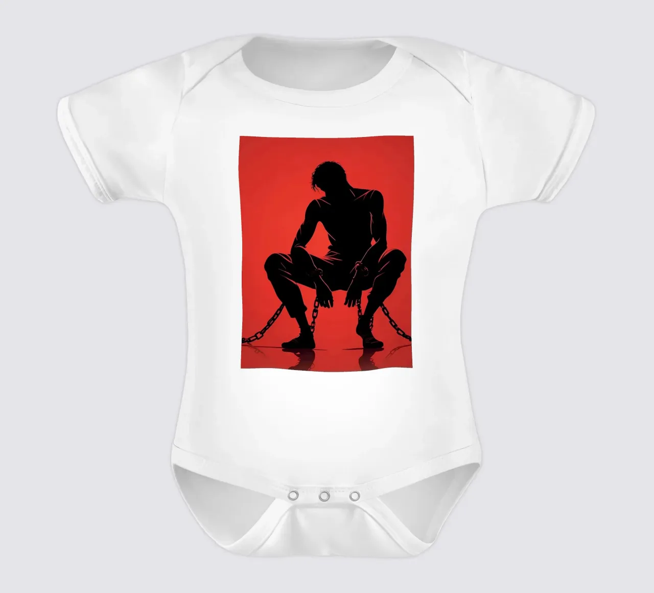 Artistic representation of guy in chains on red backdrop short-sleeve baby romper by DesignDoodle