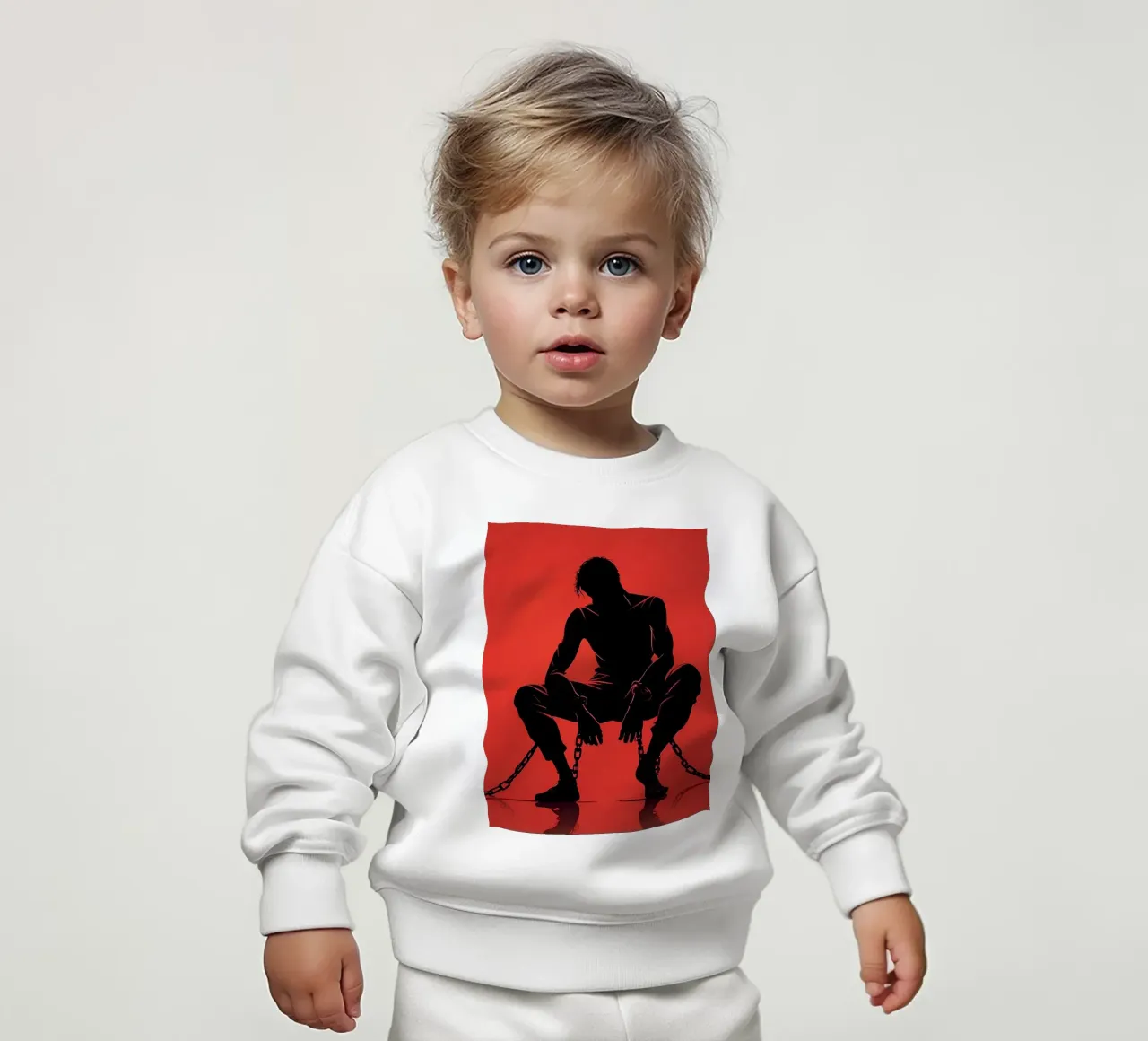 Rappresentazione artistica di un uomo in catene su sfondo rosso felpa neonato da DesignDoodle