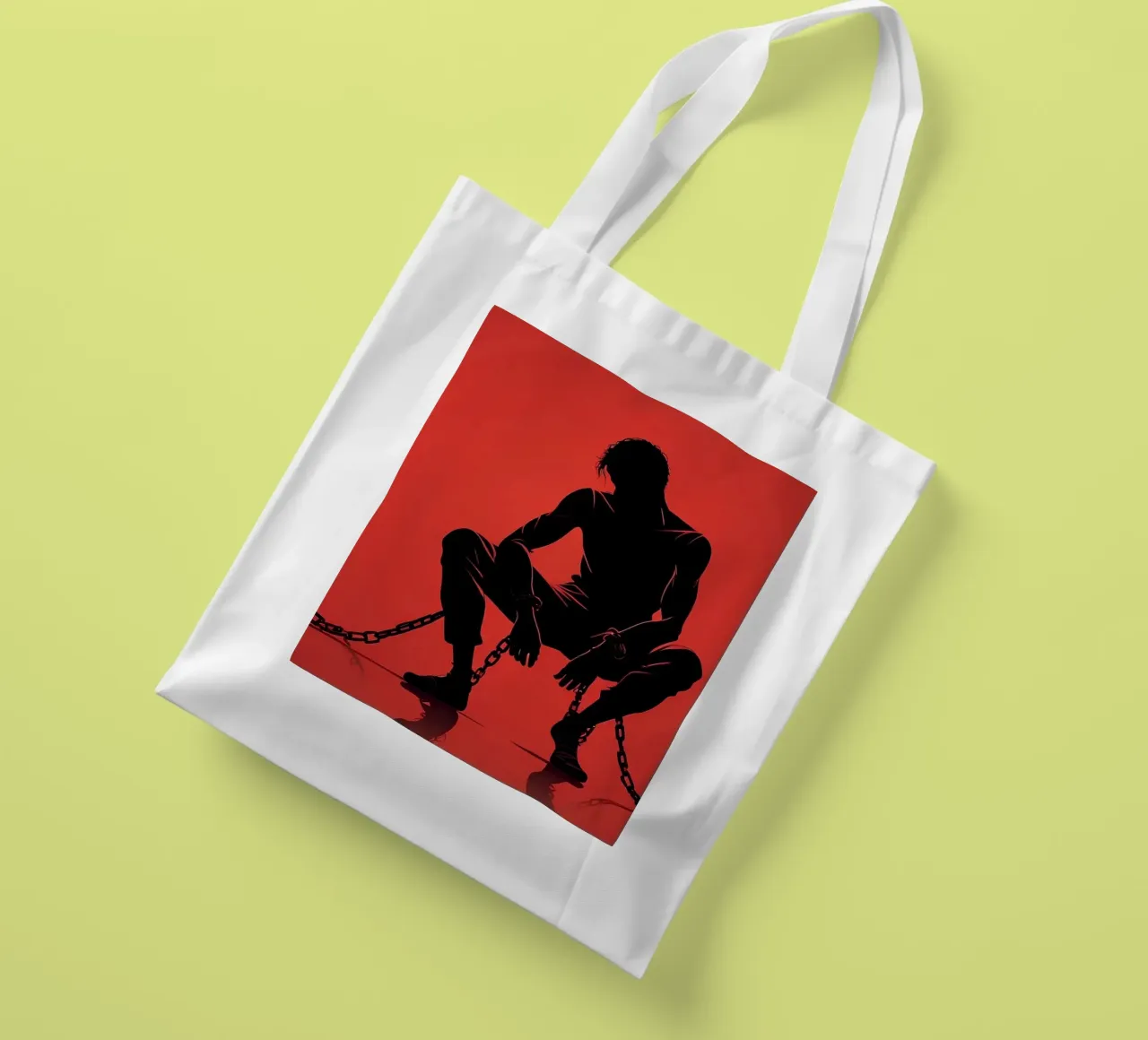 Artistic representation of guy in chains on red backdrop tote bag by DesignDoodle