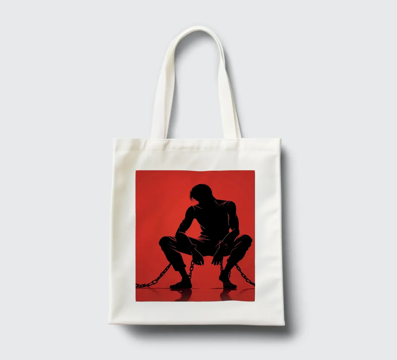 Artistic representation of guy in chains on red backdrop tote bag by DesignDoodle