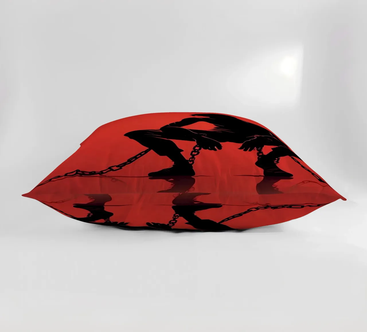 Rappresentazione artistica di un uomo in catene su sfondo rosso cuscino da DesignDoodle
