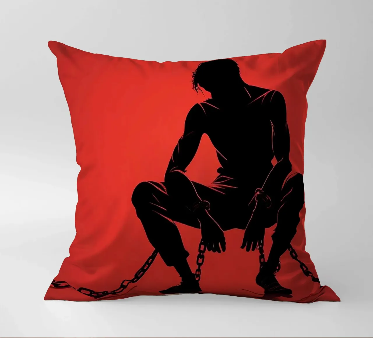 Rappresentazione artistica di un uomo in catene su sfondo rosso cuscino da DesignDoodle