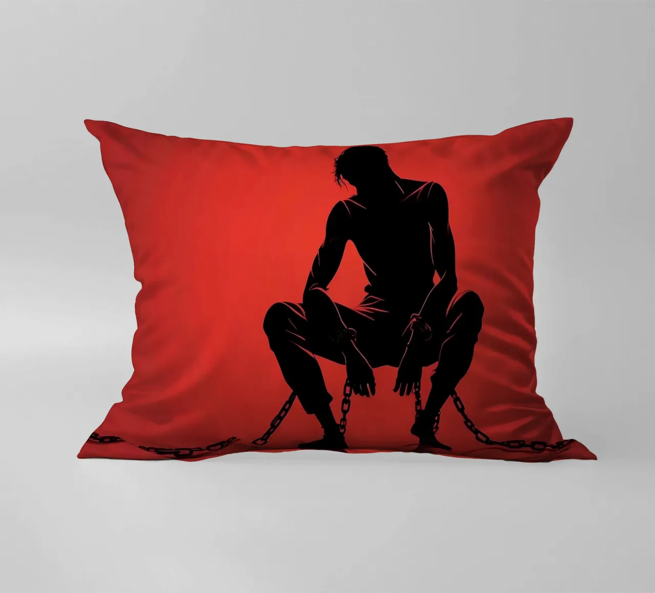Rappresentazione artistica di un uomo in catene su sfondo rosso cuscino da DesignDoodle