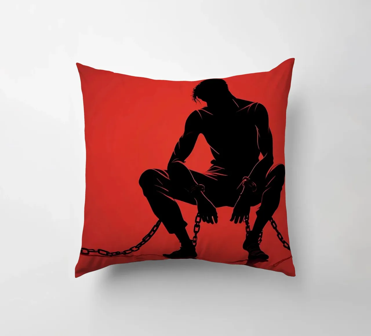 Rappresentazione artistica di un uomo in catene su sfondo rosso cuscino da DesignDoodle