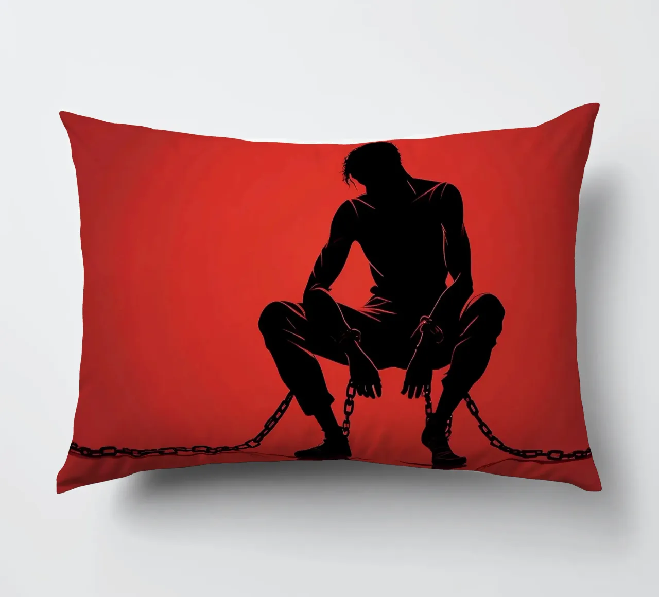 Rappresentazione artistica di un uomo in catene su sfondo rosso cuscino da DesignDoodle