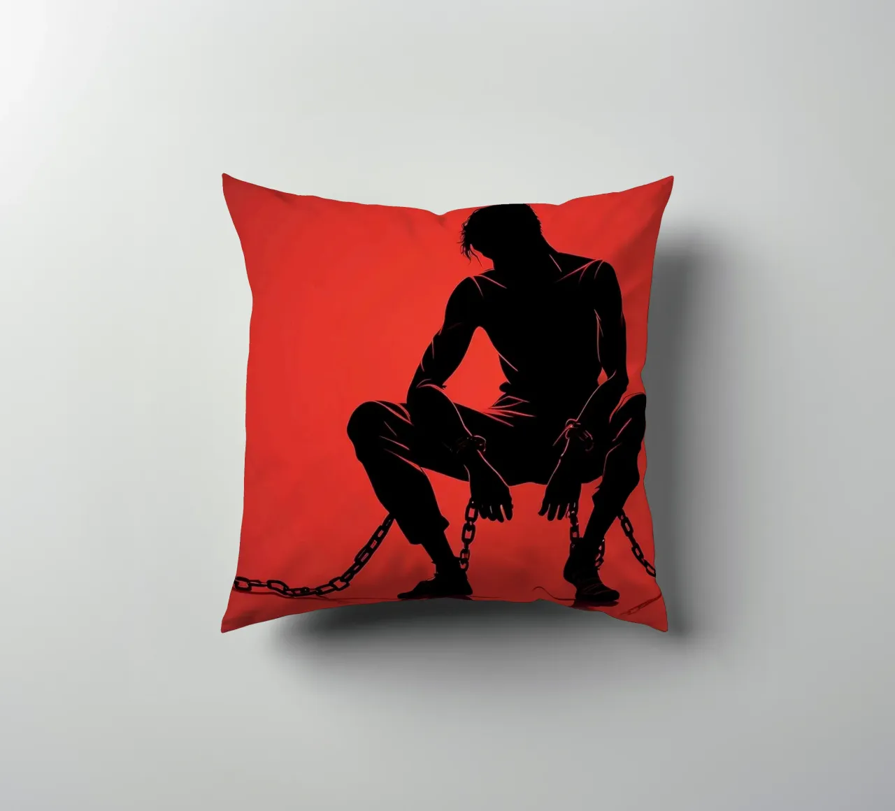 Rappresentazione artistica di un uomo in catene su sfondo rosso cuscino da DesignDoodle