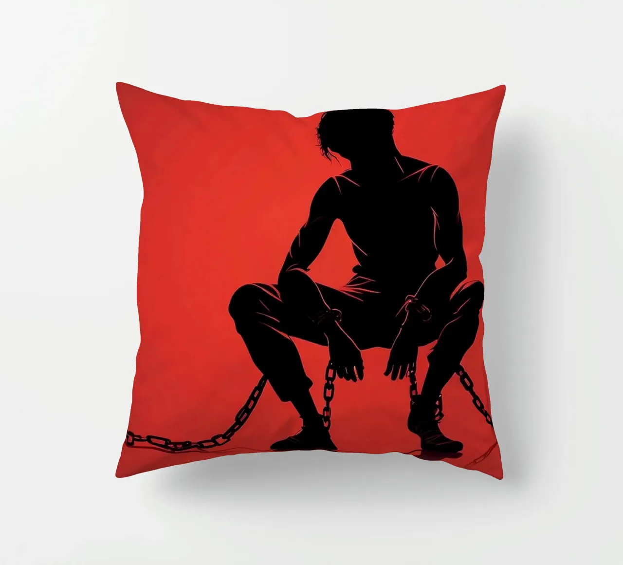 Rappresentazione artistica di un uomo in catene su sfondo rosso cuscino da DesignDoodle