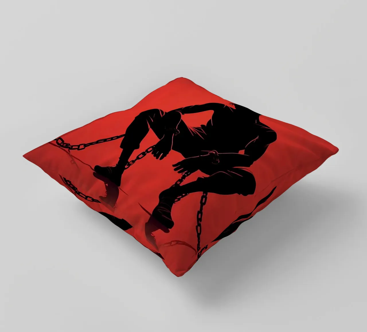 Rappresentazione artistica di un uomo in catene su sfondo rosso cuscino da DesignDoodle