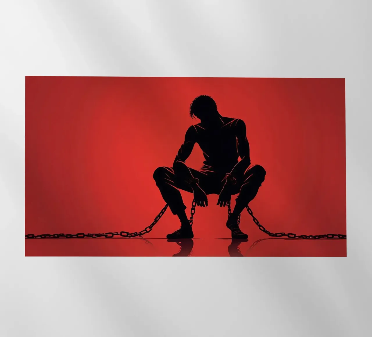 Rappresentazione artistica di un uomo in catene su sfondo rosso pellicola backlit da DesignDoodle