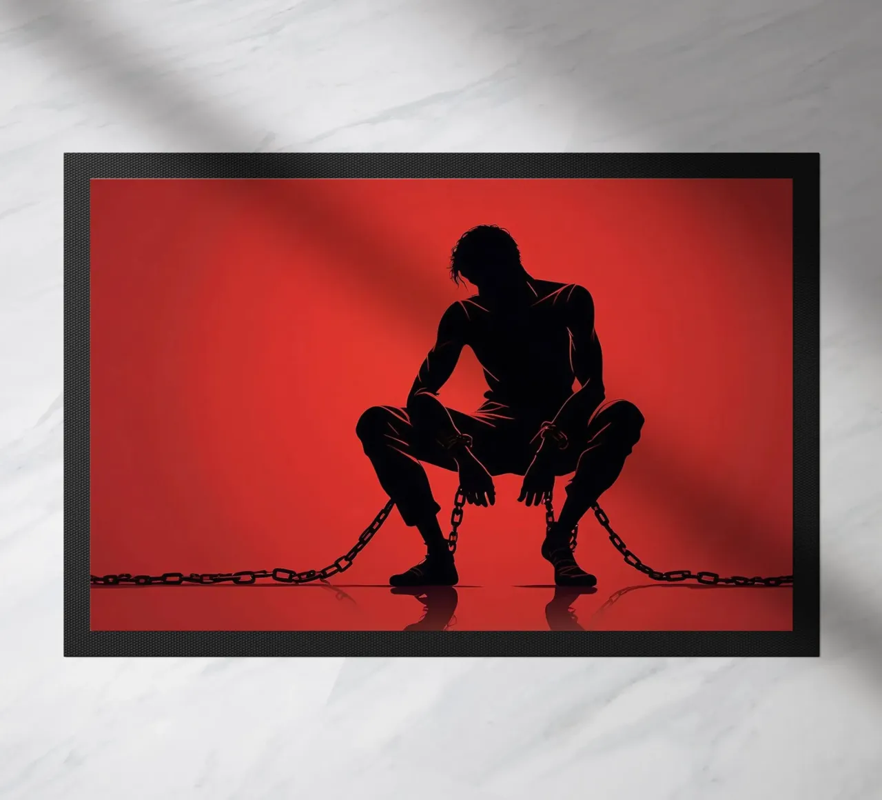 Rappresentazione artistica di un uomo in catene su sfondo rosso zerbino da DesignDoodle