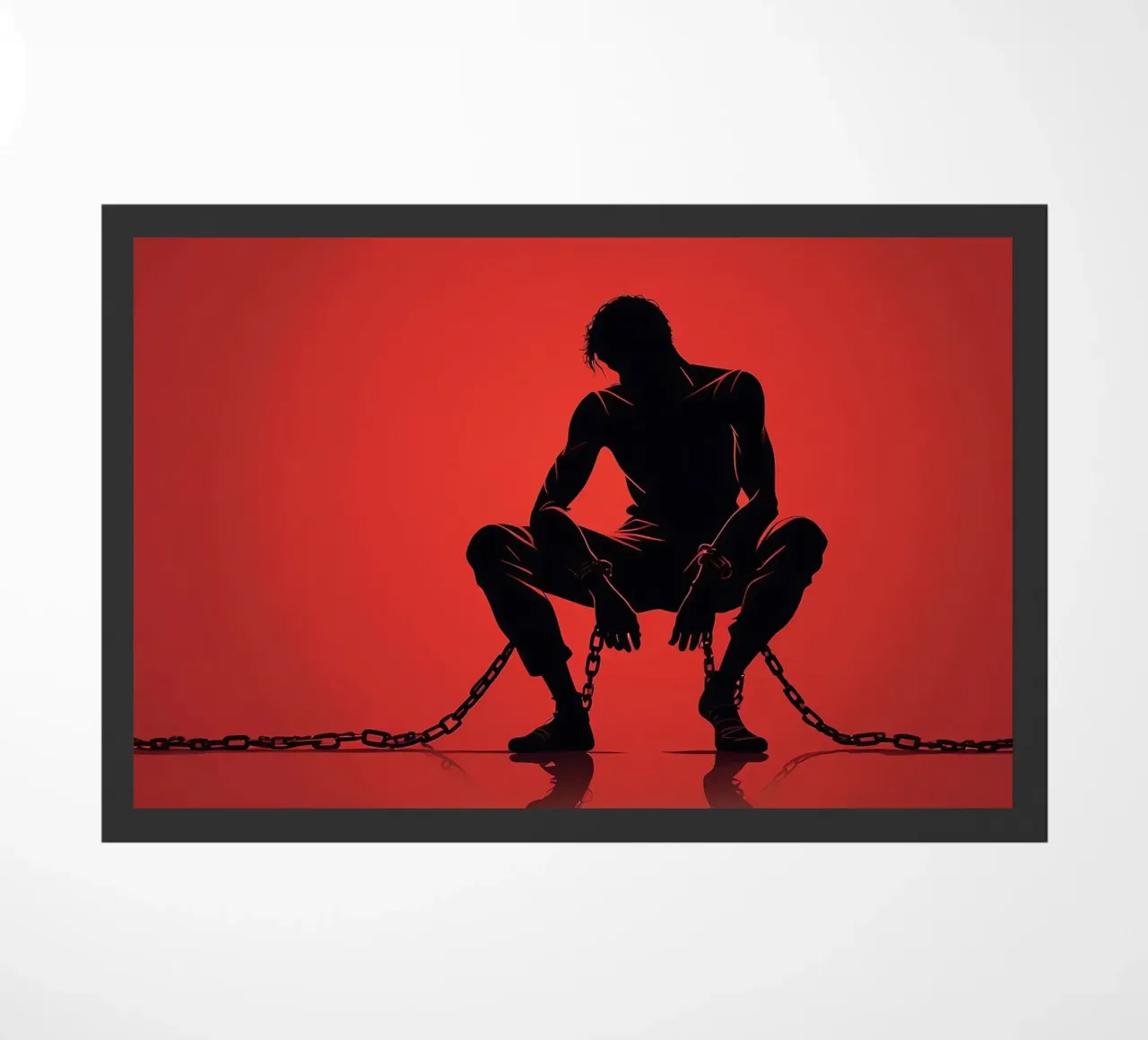 Rappresentazione artistica di un uomo in catene su sfondo rosso zerbino da DesignDoodle