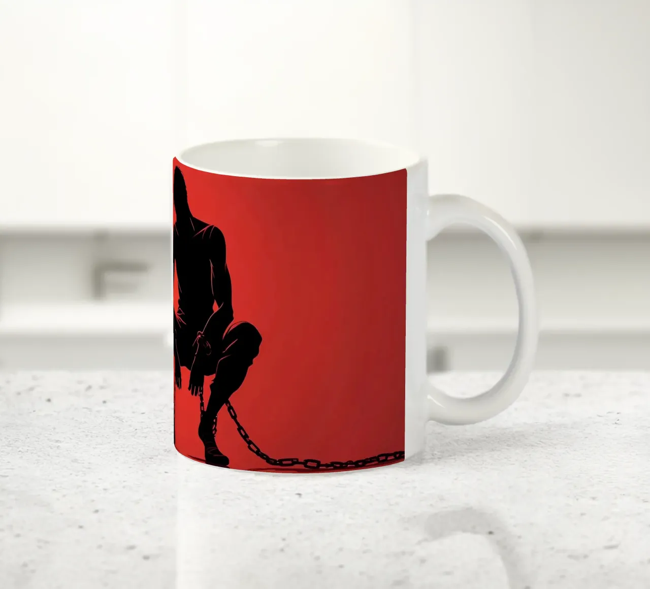 Rappresentazione artistica di un uomo in catene su sfondo rosso tazza in ceramica da DesignDoodle