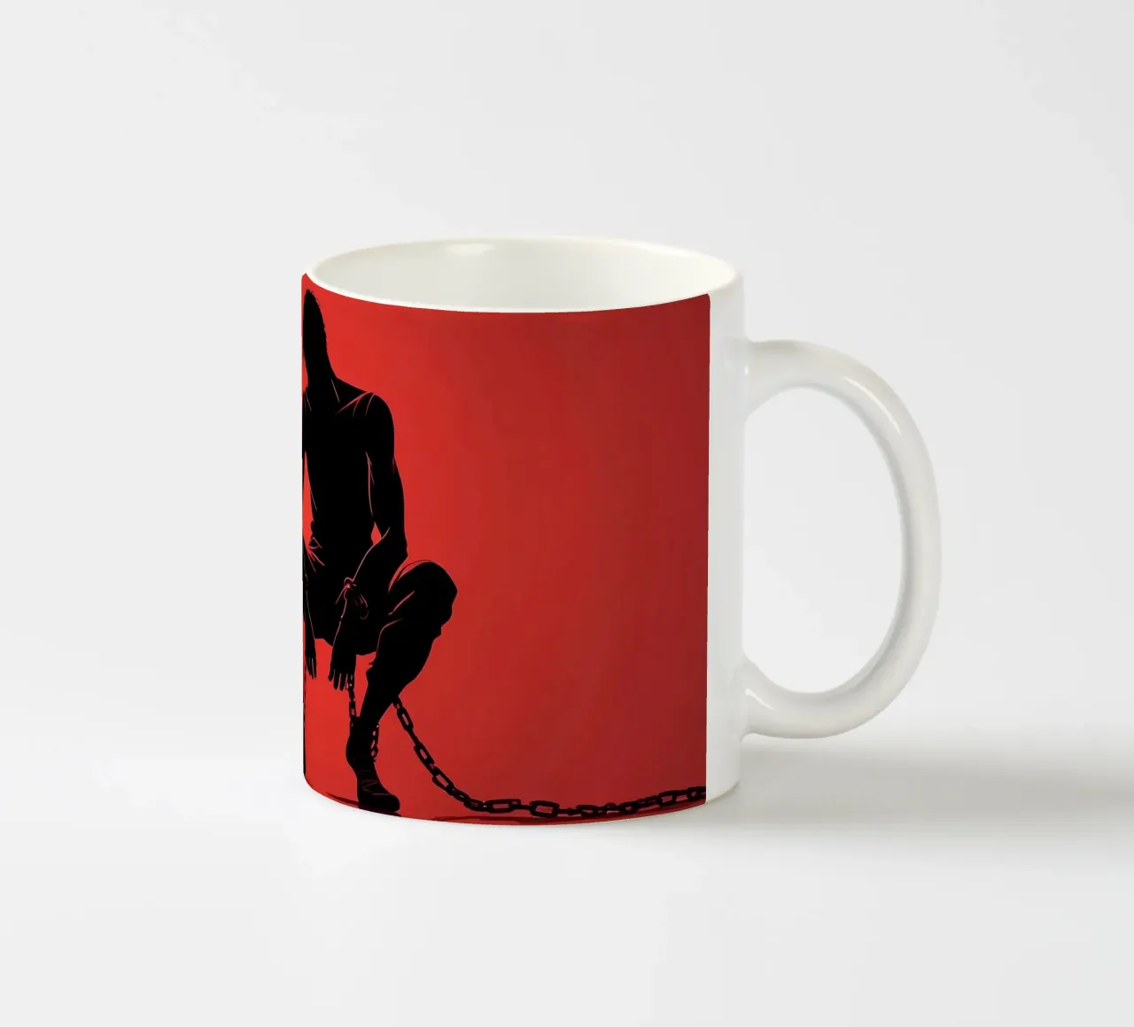 Rappresentazione artistica di un uomo in catene su sfondo rosso tazza in ceramica da DesignDoodle