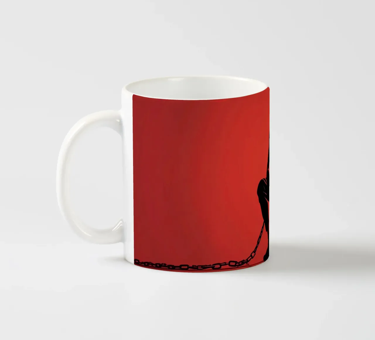 Rappresentazione artistica di un uomo in catene su sfondo rosso tazza in ceramica da DesignDoodle