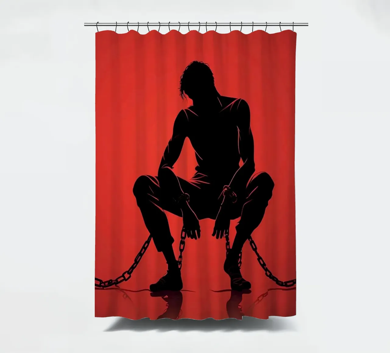Artistic representation of guy in chains on red backdrop shower curtain by DesignDoodle