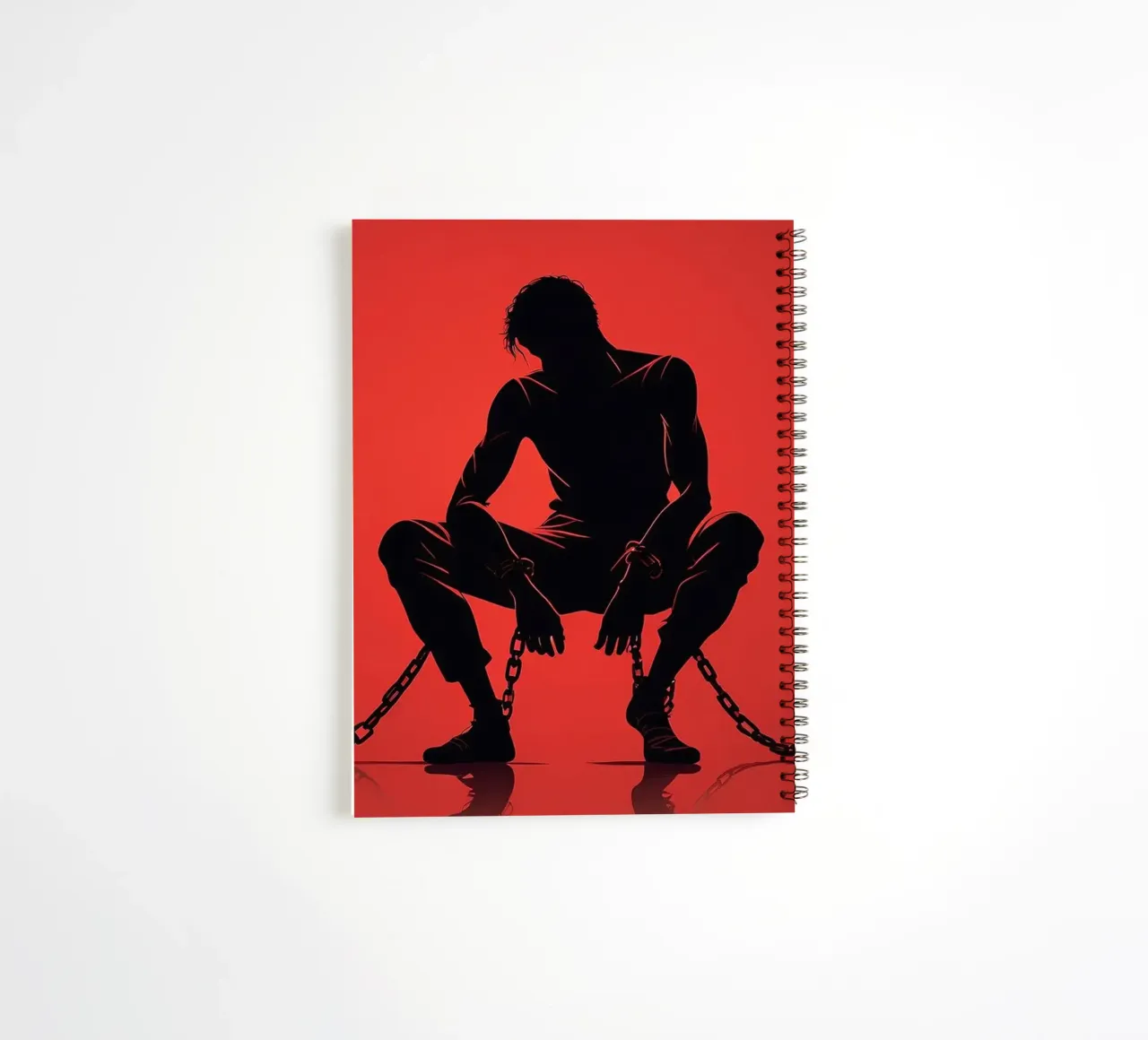 Artistic representation of guy in chains on red backdrop spiral notebook by DesignDoodle