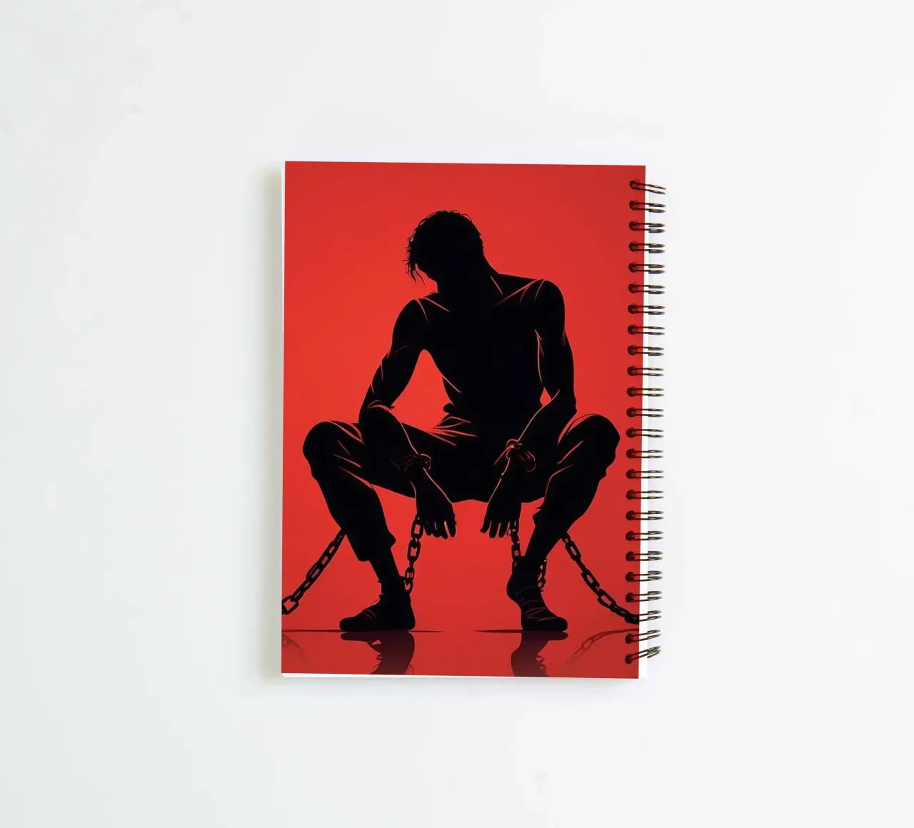 Artistic representation of guy in chains on red backdrop spiral notebook by DesignDoodle