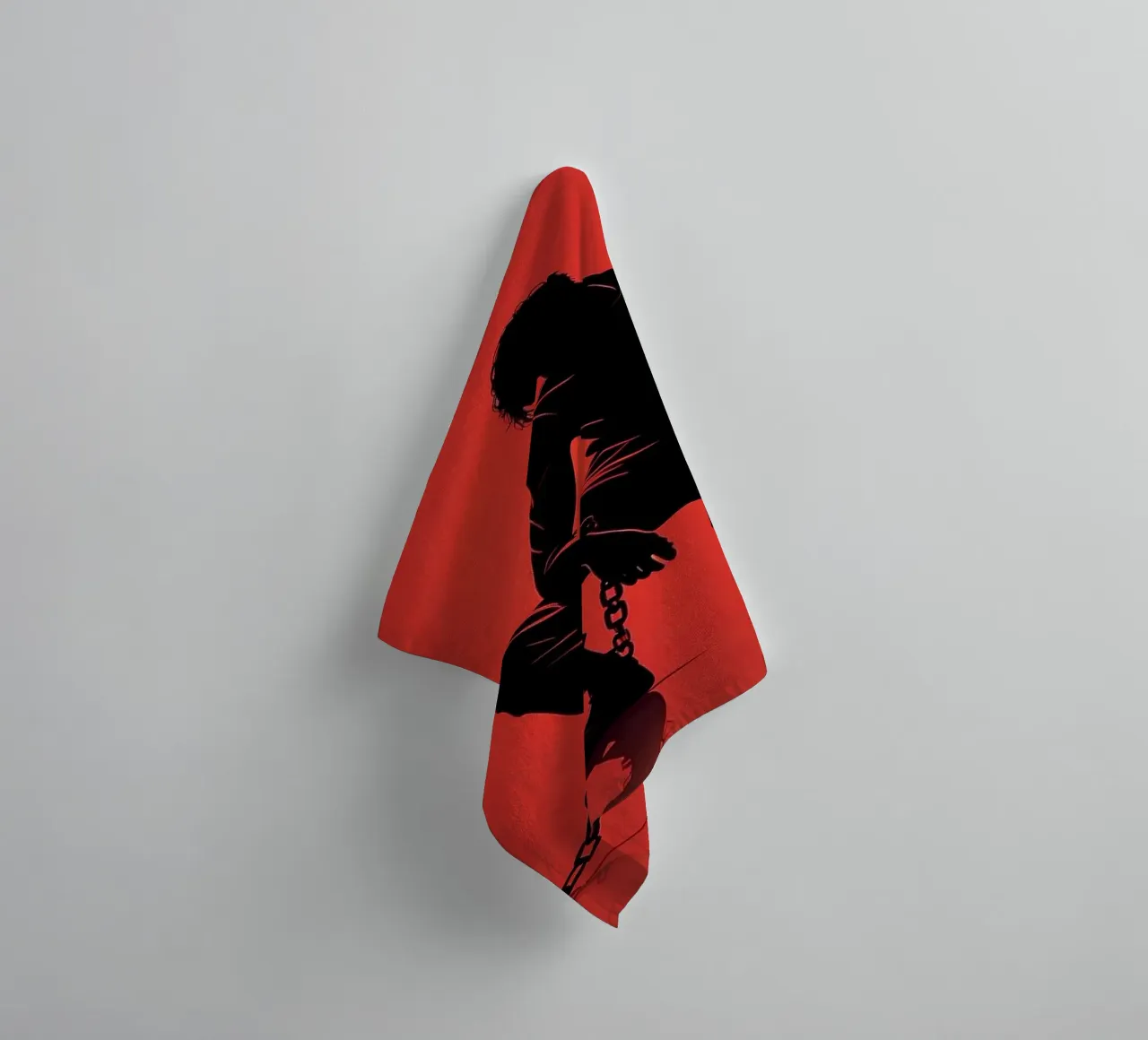 Artistic representation of guy in chains on red backdrop towel by DesignDoodle