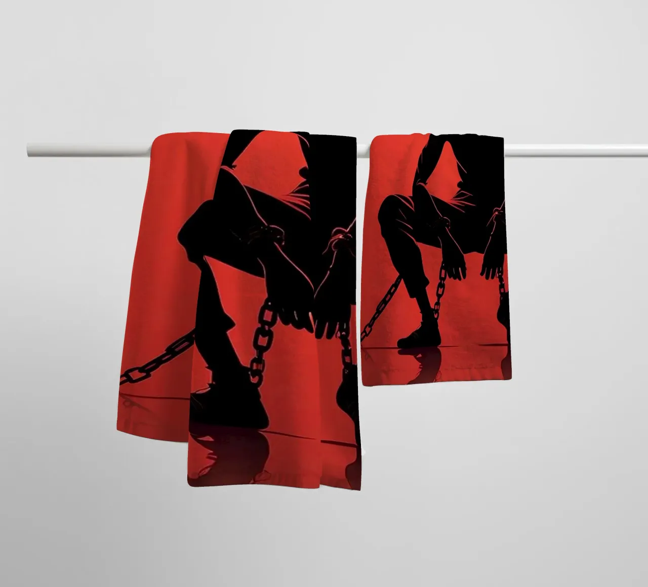 Artistic representation of guy in chains on red backdrop towel by DesignDoodle