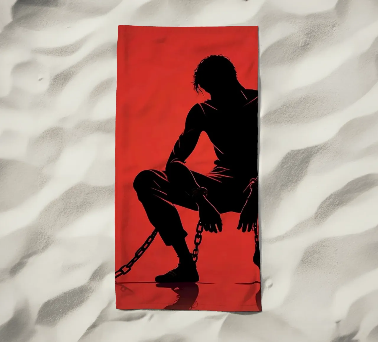 Artistic representation of guy in chains on red backdrop beach towel by DesignDoodle