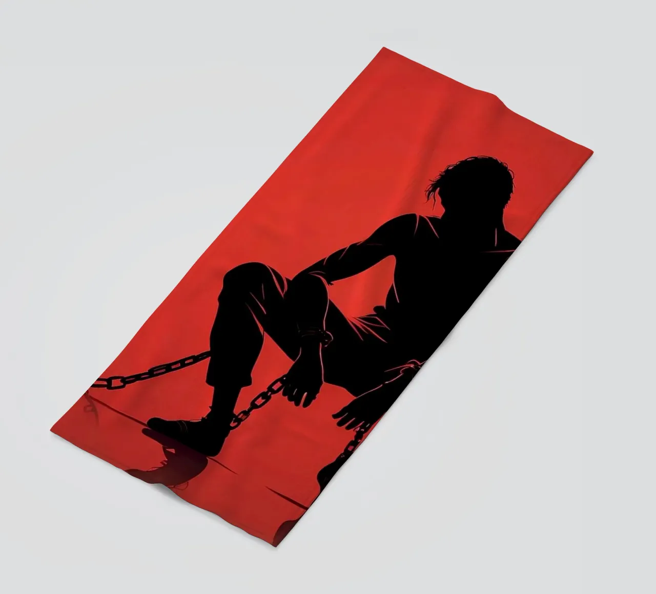 Artistic representation of guy in chains on red backdrop beach towel by DesignDoodle