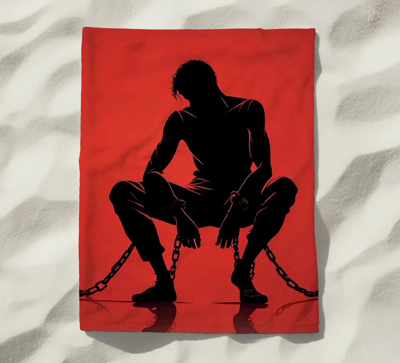 Artistic representation of guy in chains on red backdrop beach towel by DesignDoodle
