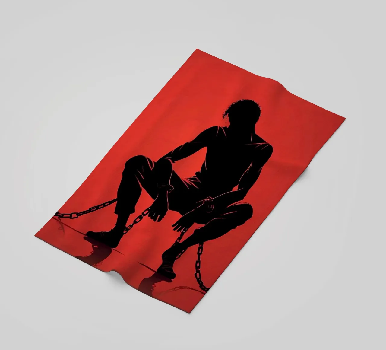 Artistic representation of guy in chains on red backdrop beach towel by DesignDoodle