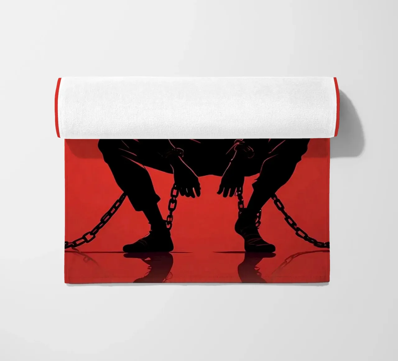 Artistic representation of guy in chains on red backdrop beach towel by DesignDoodle
