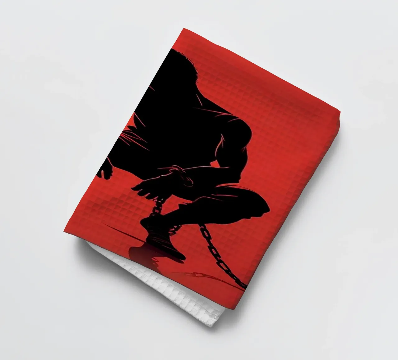 Rappresentazione artistica di un uomo in catene su sfondo rosso canovaccio da cucina da DesignDoodle