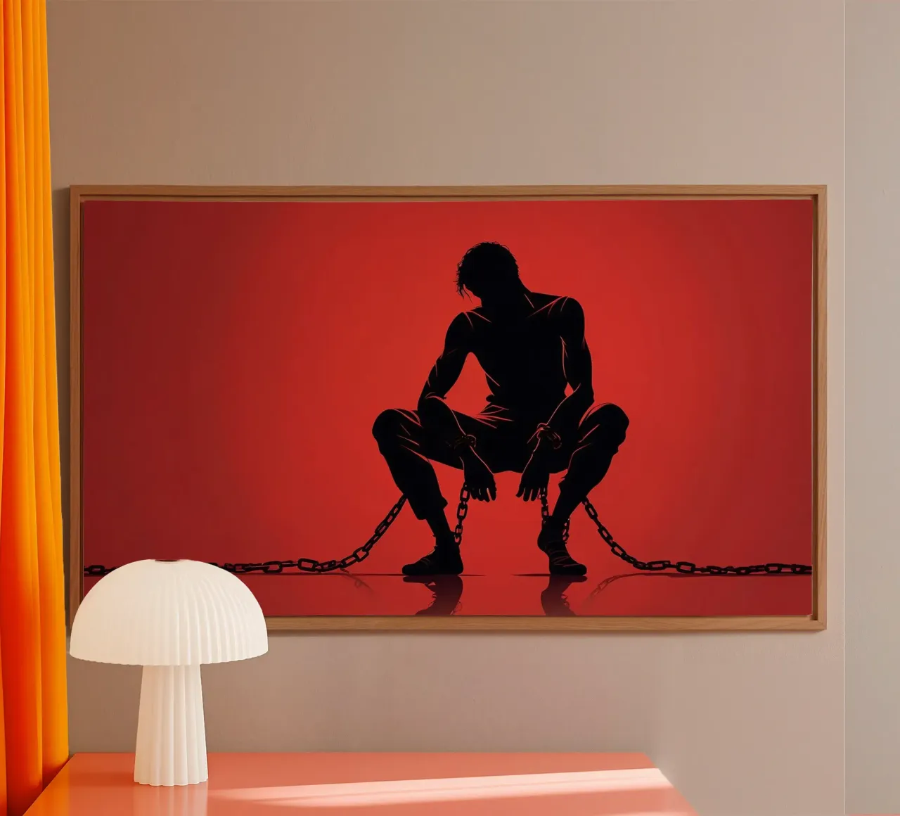 Rappresentazione artistica di un uomo in catene su sfondo rosso alluminio dibond da DesignDoodle