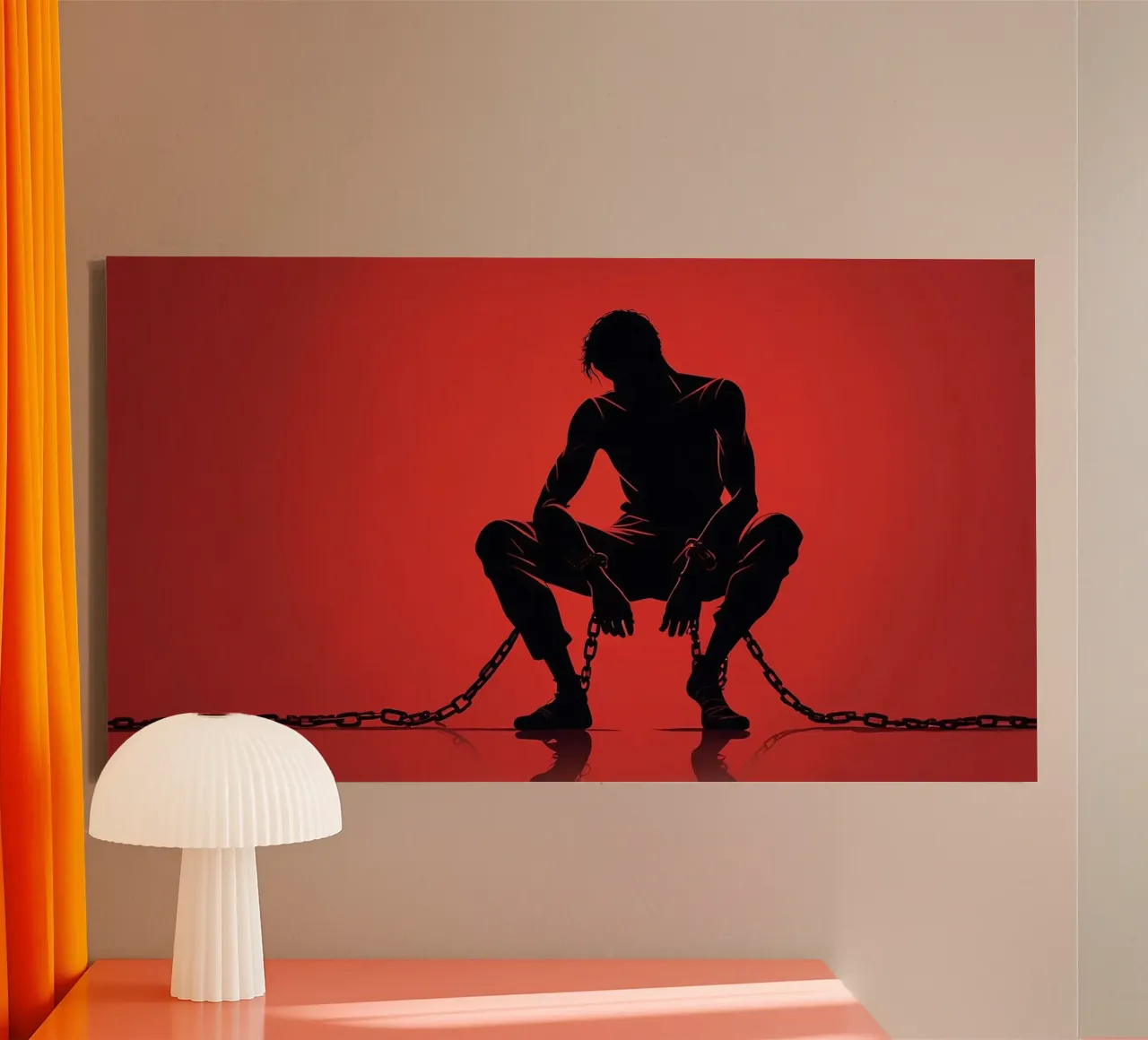 Artistic representation of guy in chains on red backdrop canvas by DesignDoodle