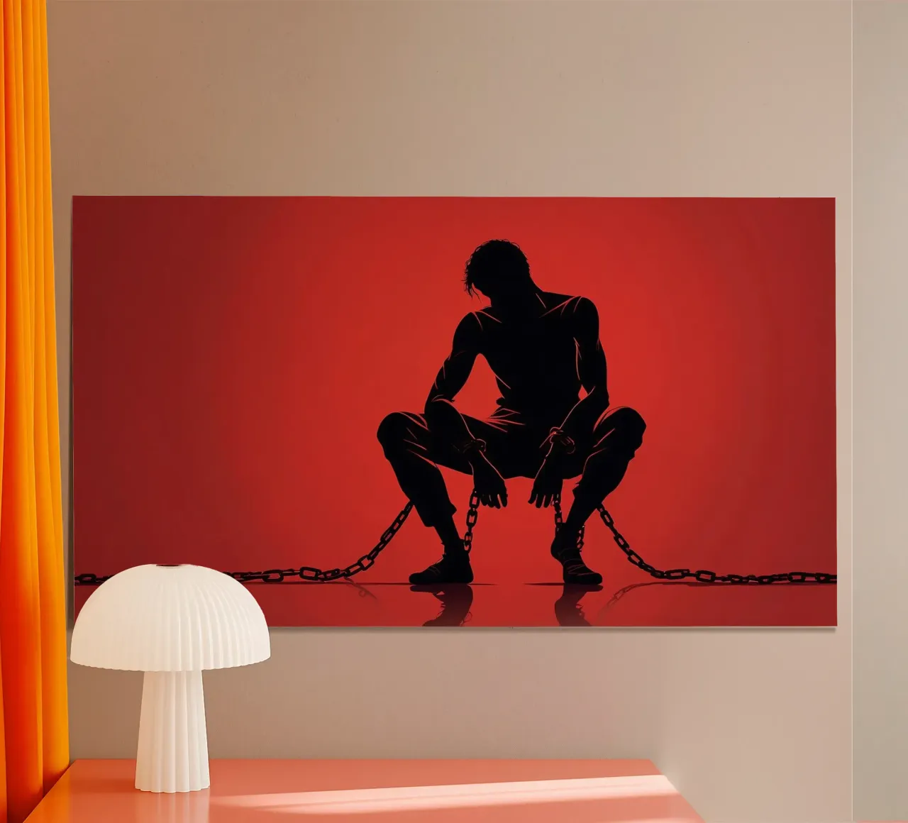 Rappresentazione artistica di un uomo in catene su sfondo rosso carta hahnemühle da DesignDoodle